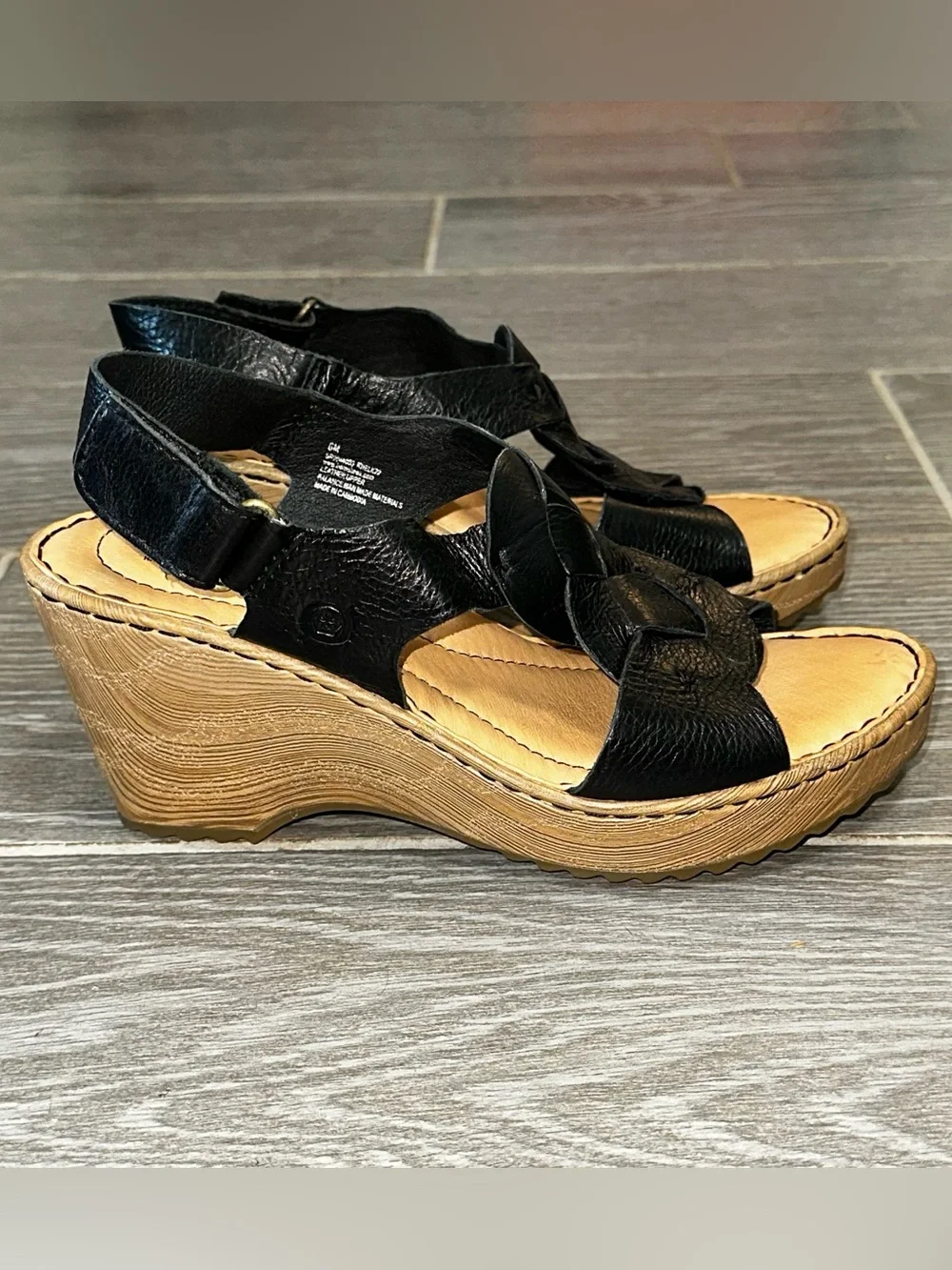 Born Nina Braided Front Wedge Black Leather Women’s 6M Platform Open Toe Sandal